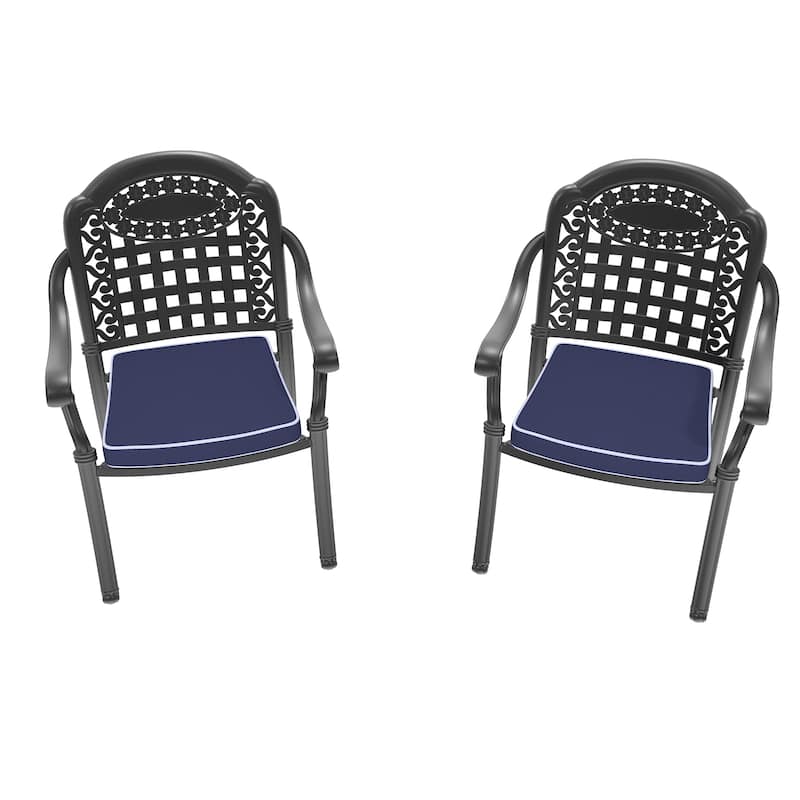 Black Stackable Cast Aluminum Patio Outdoor Dining Chairs With Blue Seat Cushions - Black(Set of 2)