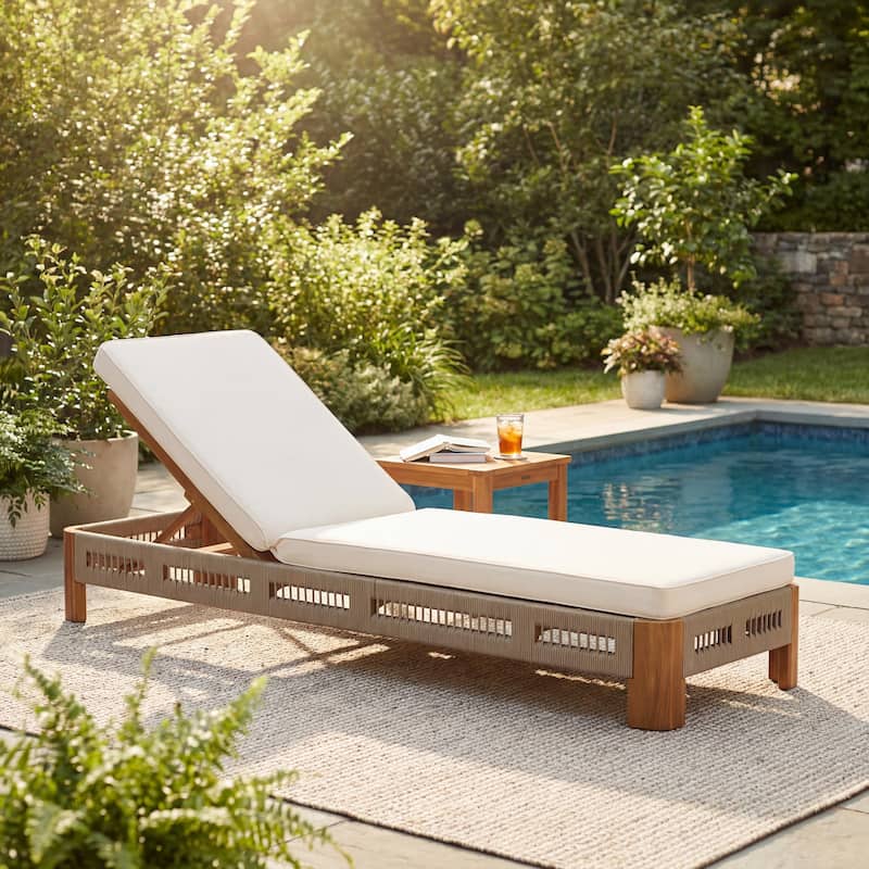 Christopher Knight Home - Ellery Acacia Wood Outdoor Adjustable Chaise Lounge with Cushion & Handwoven Rope Accents - 1-Piece+Teak Finish+Grey+Cream