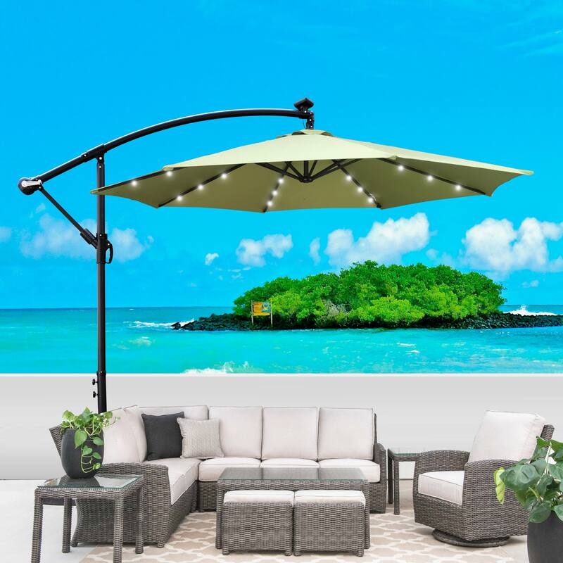 10 ft Solar Powered LED Outdoor Patio Umbrella with Crank and Cross Base for Garden, Deck, and Pool