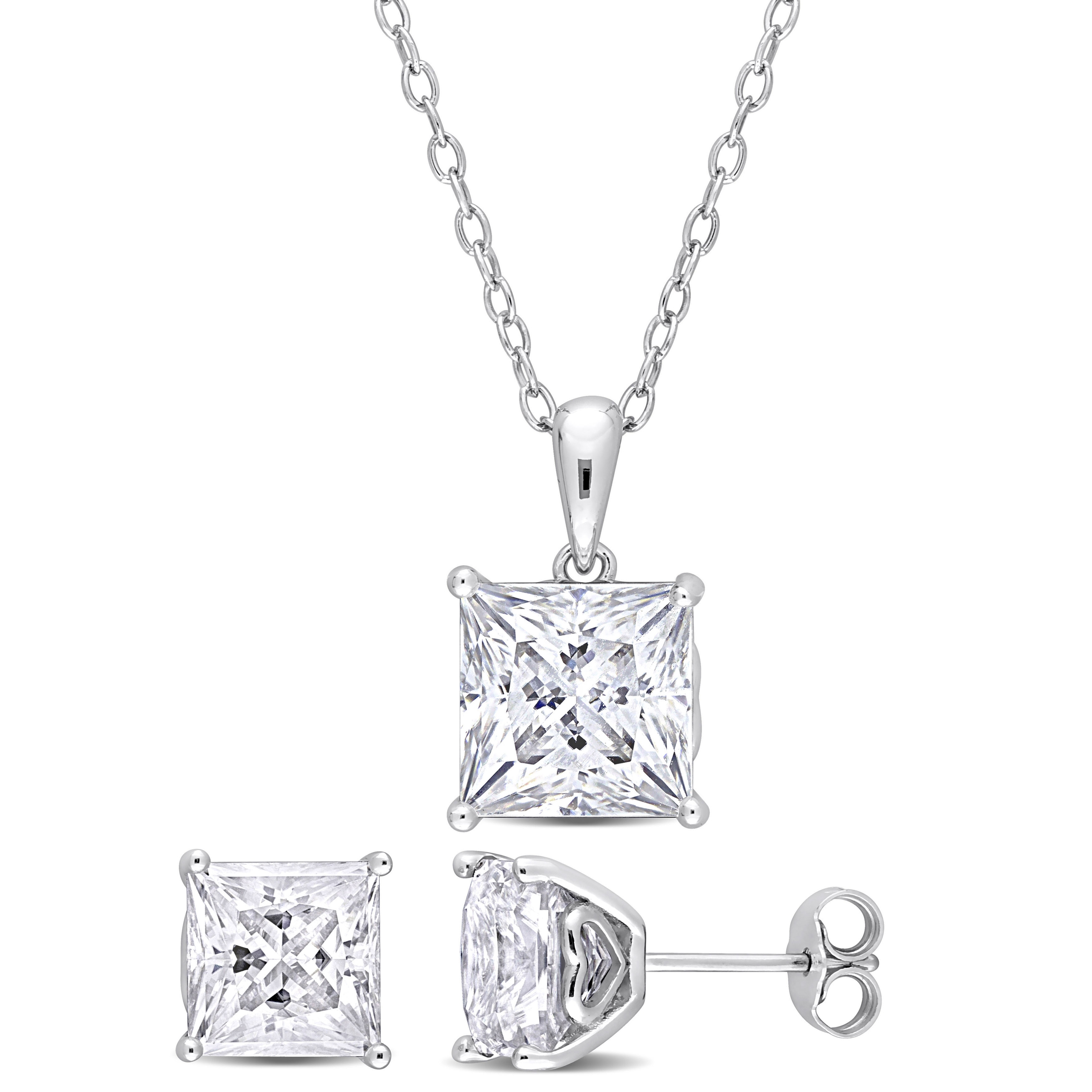 Miadora 9ct DEW Created Moissanite Necklace and Stud Earrings Set Sterling Silver