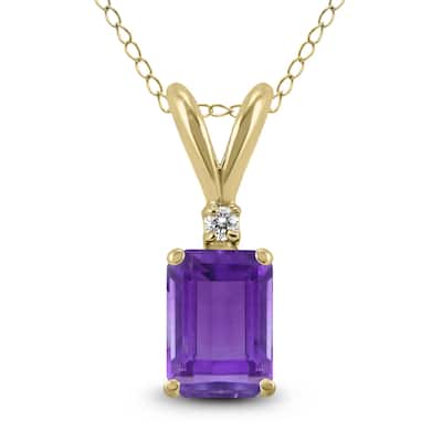 Marquee 14K Yellow Gold 8x6MM Emerald Shaped Amethyst and Diamond Pendant