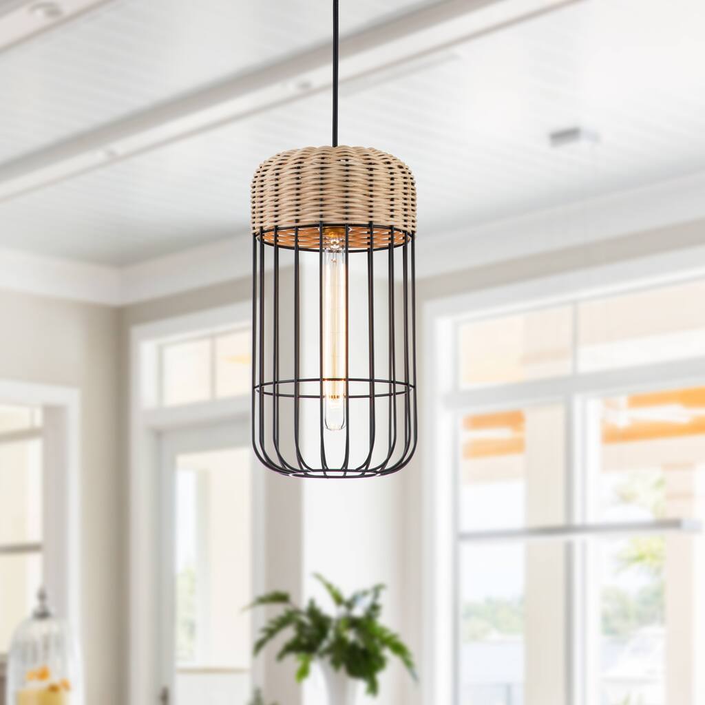 1-Light Black Finish Natural Rattan Pendant Light