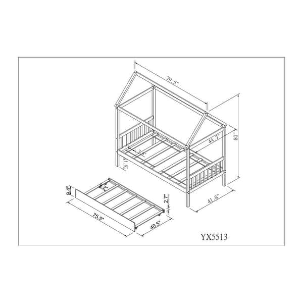Twin Size House Bed Frame with Twin Size Trundle Bed and House Roof Frame for Kids - White Wooden Platform Bed Frame