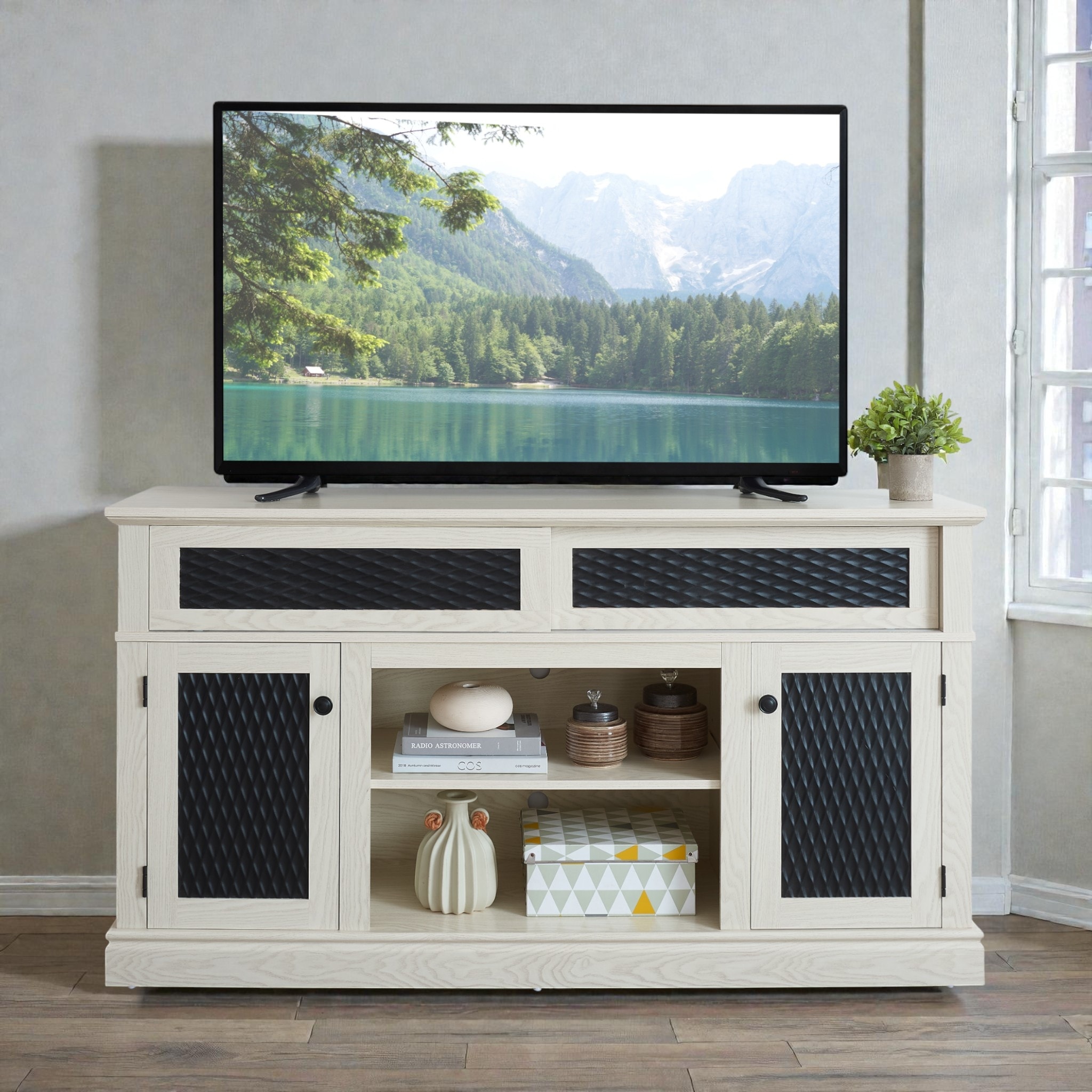 58 Inch Embossed Pattern TV Stand for TVs up to 65 Inch, Media Console with Sliding Door, Open Storage & Cable Management