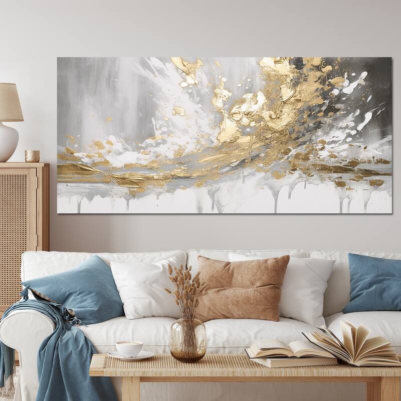 Designart "Gold and White Colliding Abstract" Abstract Painting Canvas Wall Art