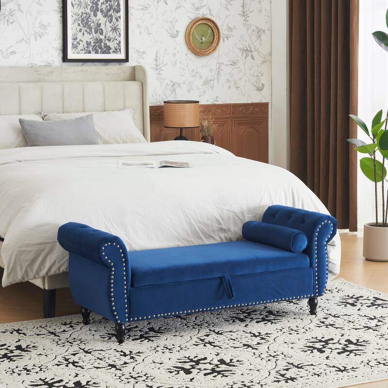 Velvet Multifunctional Storage Rectangular ottoman bench with 1 Pillow - Antique Navy Blue