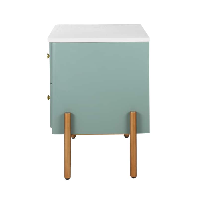 Modern Nightstand with 2 Storage Drawer, Fluted Bedside Table with Golden Metal Handles and Legs