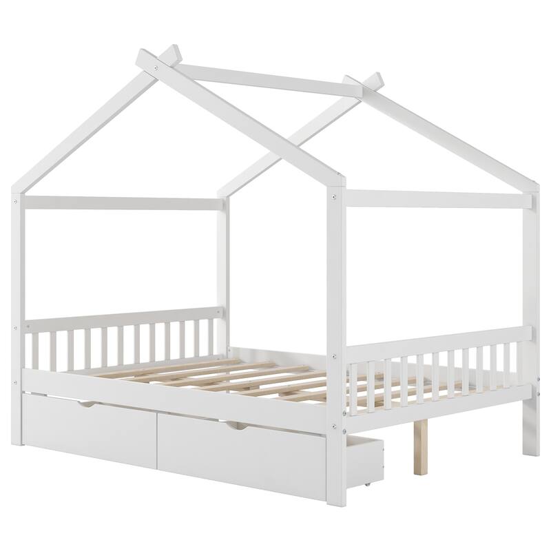 Full Size House Platform Bed with Drawers, Headboard, Footboard, and Roof Design in White