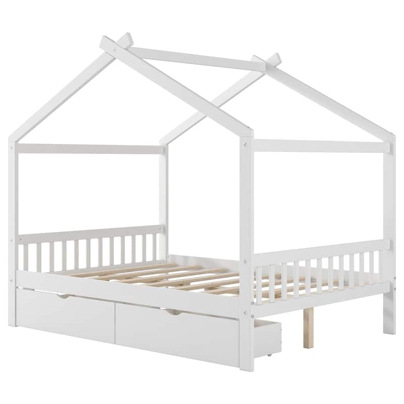 Full Size Platform Bed w/Drawers, Headboard, Footboard, Roof Design