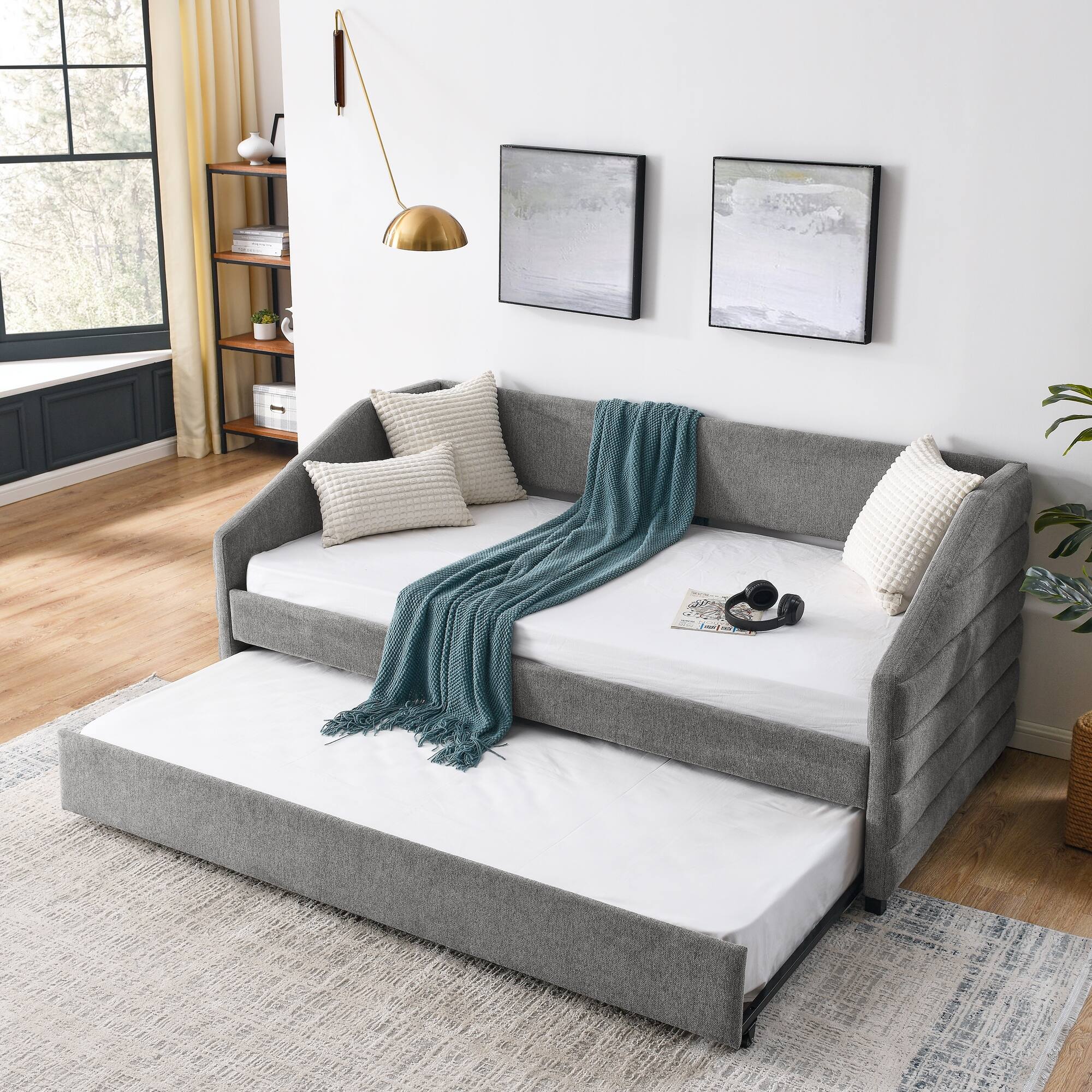 Elegant Upholstered Sofa Bed Twin Size Daybed with Trundle Multi