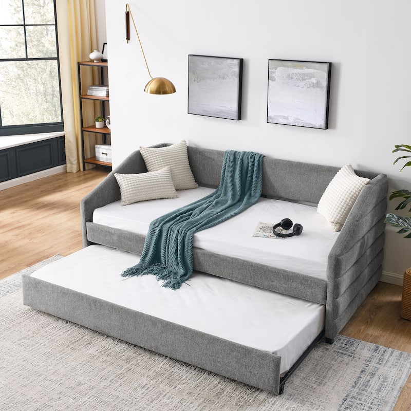 Twin Size Daybed with Trundle Upholstered Tufted Sofa Bed, Linen Fabric