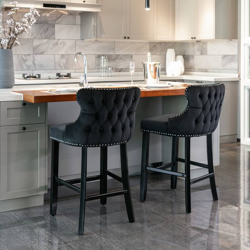 Set of 4 Velvet Upholstered Wing-Back Barstools with Button Tufted