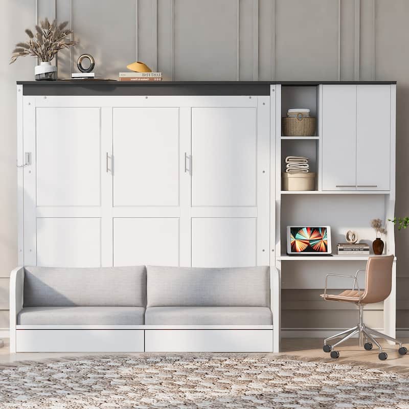 Space-saving Foldable Bed Design Murphy Bed Foldable Platform Bed with Sofa, All-in-one Storage Bookcase Cabinet and Desk