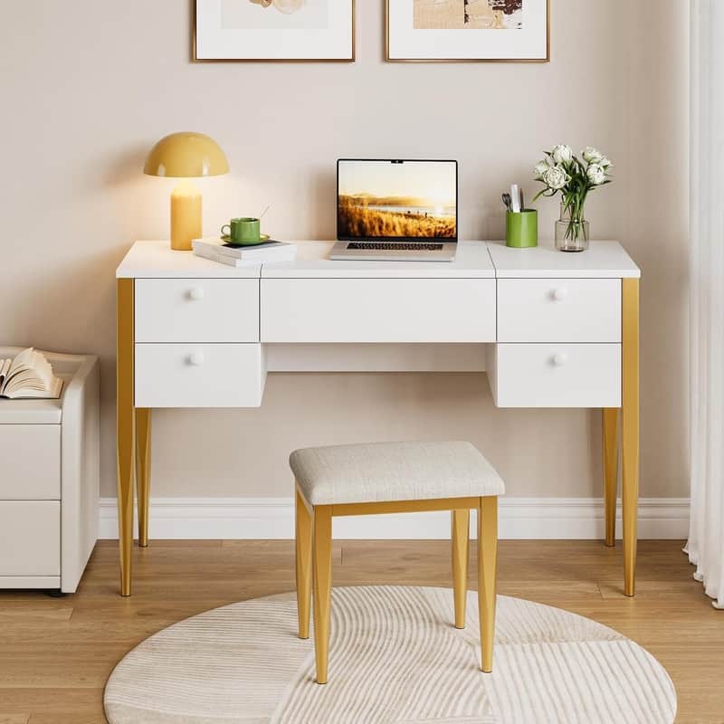3-in-1 Vanity Desk with Flip Top LED Mirror, 5 Drawers, and Cushioned Stool