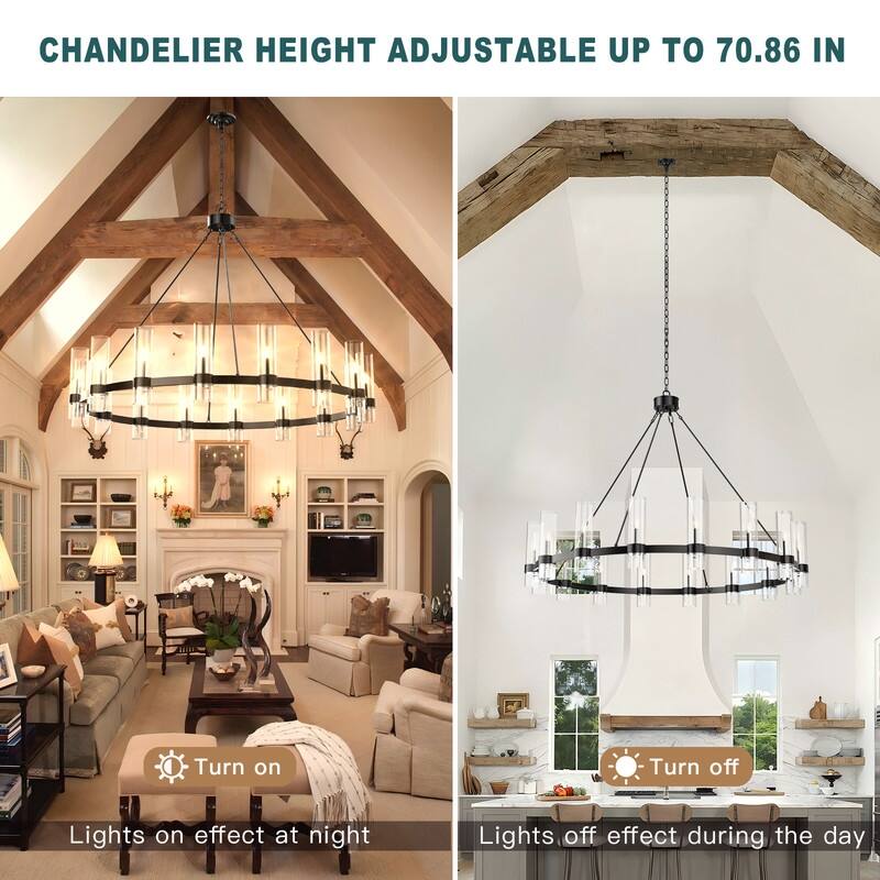 Black Wagon Wheel Chandelier with Glass Shades Adjustable Farmhouse Pendant Light for High Ceilings