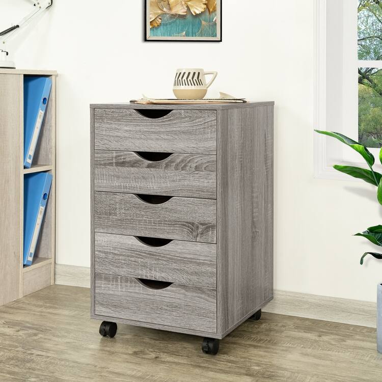 5 Drawers Chest, Wood Storage Dresser with Wheels, Craft Storage Organizer and Storage Drawer Office Drawer Unit - Gray Oak