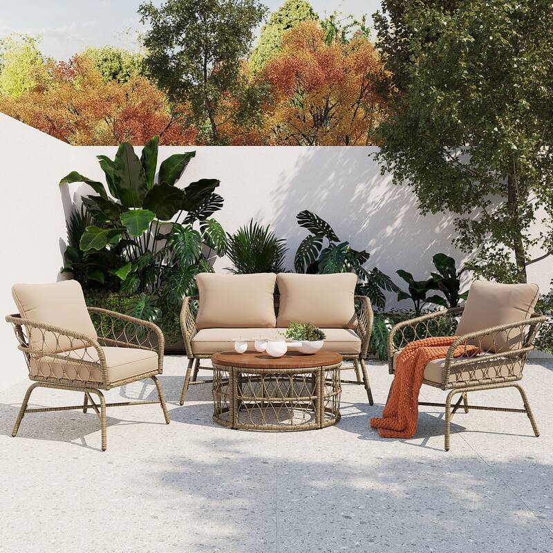 Bohemia-inspired 4-Person Outdoor Seating Group w/ Removable Cushions, Conversation Patio Set w/ Wood Tabletop, Beige - Beige