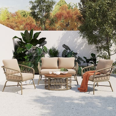 Patio Conversation Set 4 Pieces Patio Furniture Set Wicker with Removable Cushions, Loveseats and Dining Table