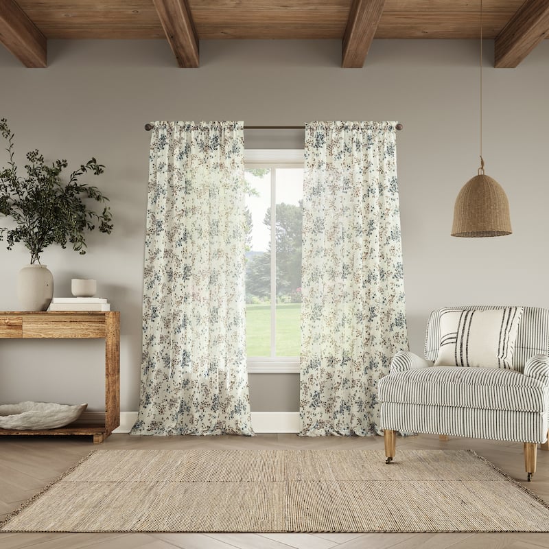 No. 918 Alethea Floral Print Crushed Voile Sheer Rod Pocket 1-Piece Curtain Panel, Single Panel