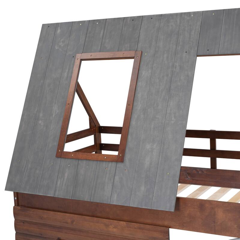 Wood House Bunk Bed with Roof
