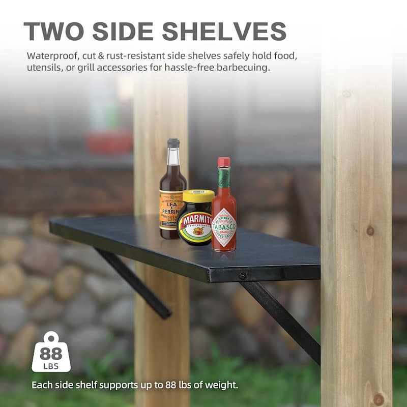 Aoodor 8' x 5' Wooden Grill Gazebo, Outdoor Hardtop Gazebo with Sloping Metal Roof and 2 Side Shelves