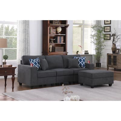 Woven Upholstered Sofa with Ottoman in Stone Gray