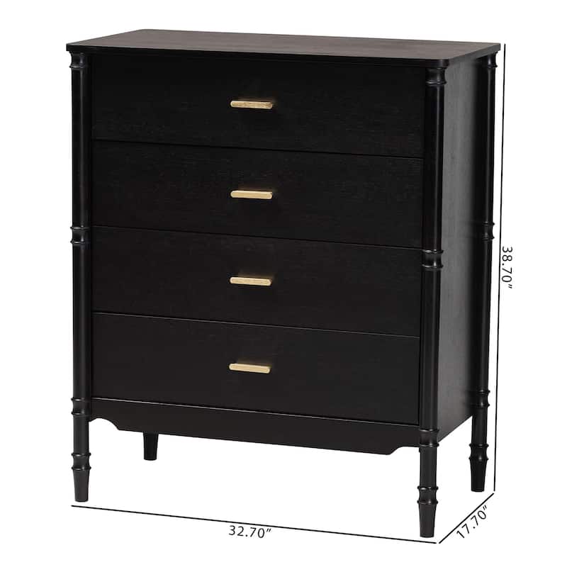 Marisela Black Wood Chest of Drawers with Gold Handles - 4-Drawer Dresser with Bamboo-Inspired Legs, Modern Transitional Accent