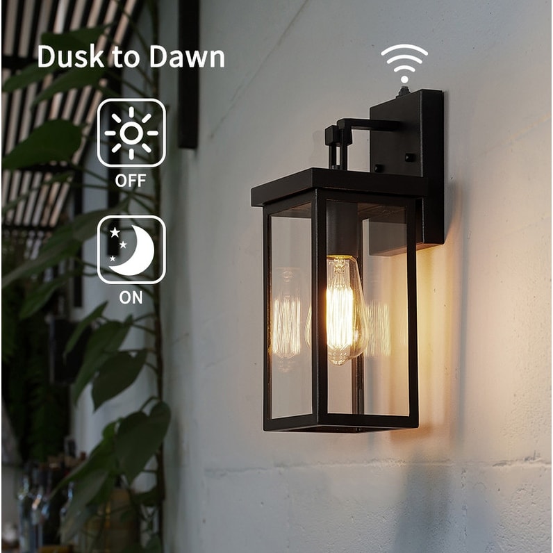 KAWOTI 1-Light Black Dusk to Dawn Outdoor Wall Lantern Sconce with Photocell - W5.7"×E6.25"×H14.25"
