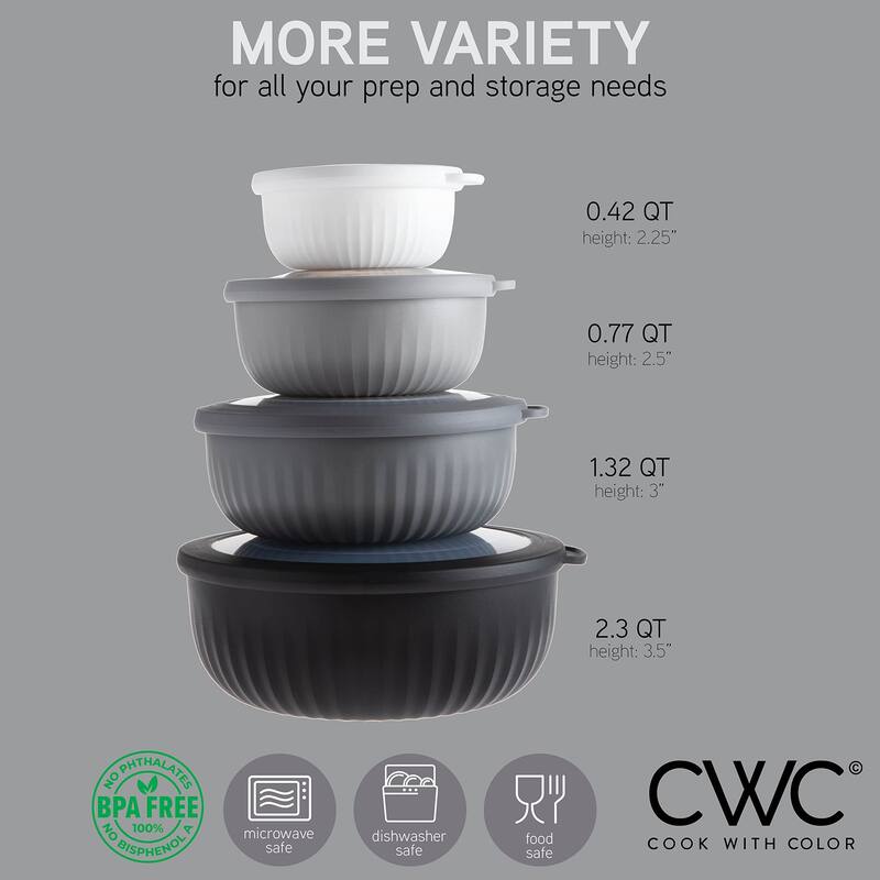 COOK WITH COLOR Prep Bowls with Lids- Wide and Deep Nesting Plastic Mixing Bowl Set with Lids 8 Piece Set, Black/White