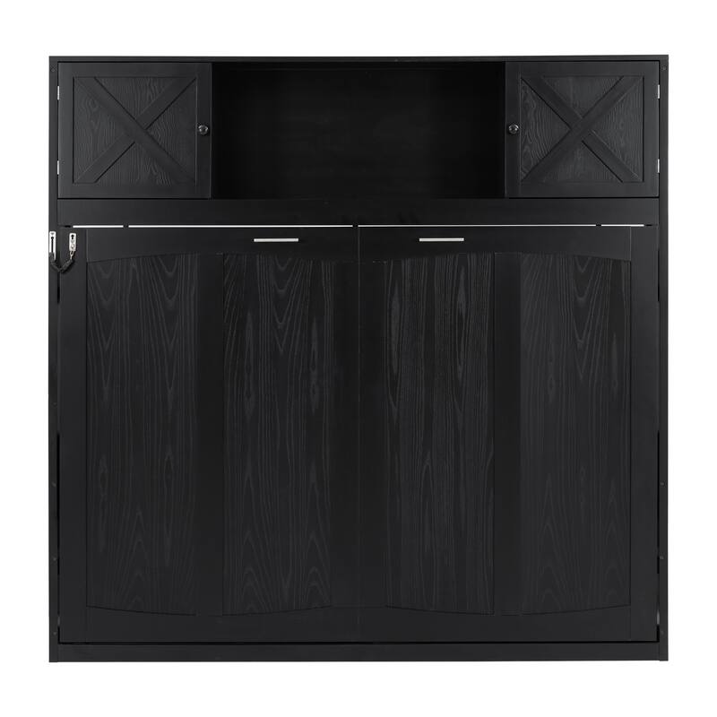 Full Size Murphy Bed Cabinet with Top Cabinet and Open Shelves, Wooden Foldable Wall Platform Bed, Hidden Murphy Bedframe Chest