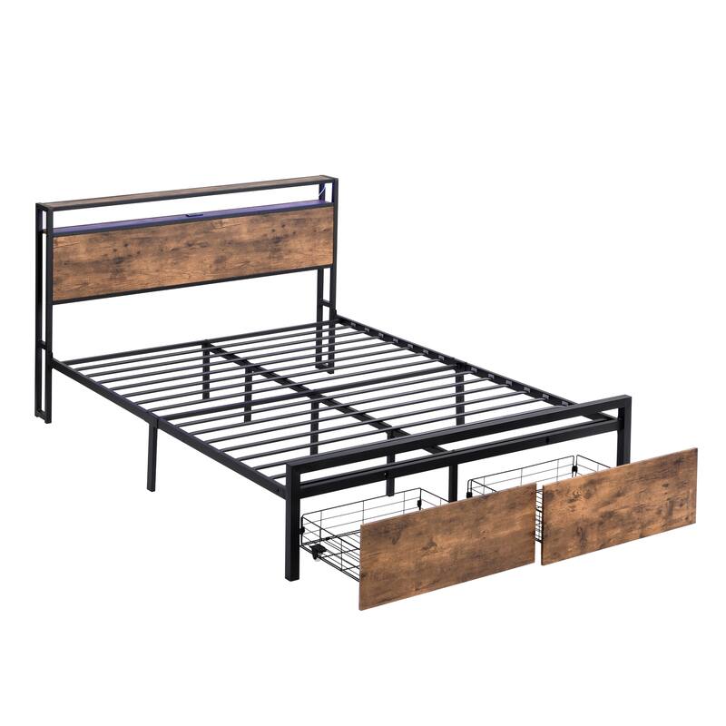 Metal Platform Bed Frame with 2Drawers & Charging Station-Queen, Brown