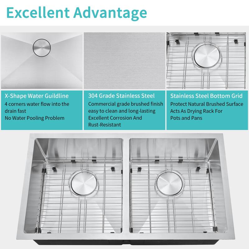 32"x 18"x 9"Double Bowl Kitchen Sink Stainless Steel with Pull Down Faucet - 32*18*9