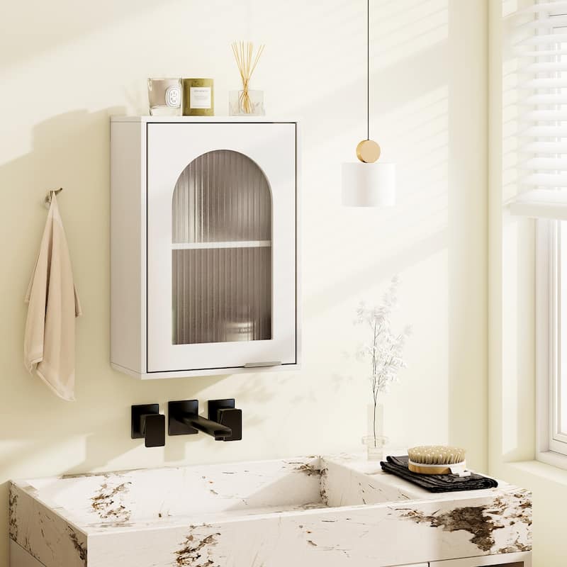 White Wall-Mount Bathroom Storage Cabinet with Tempered Glass Door and 3 Adjustable Shelves - 14" x 8" x 21"