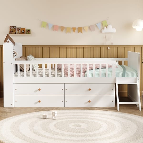 slide 2 of 38, Twin Size Platform Bed Frame with 4 Storage Drawers & Guardrail Headboard for Bedroom, Wooden Kids Storage Bed with Ladder White - Twin