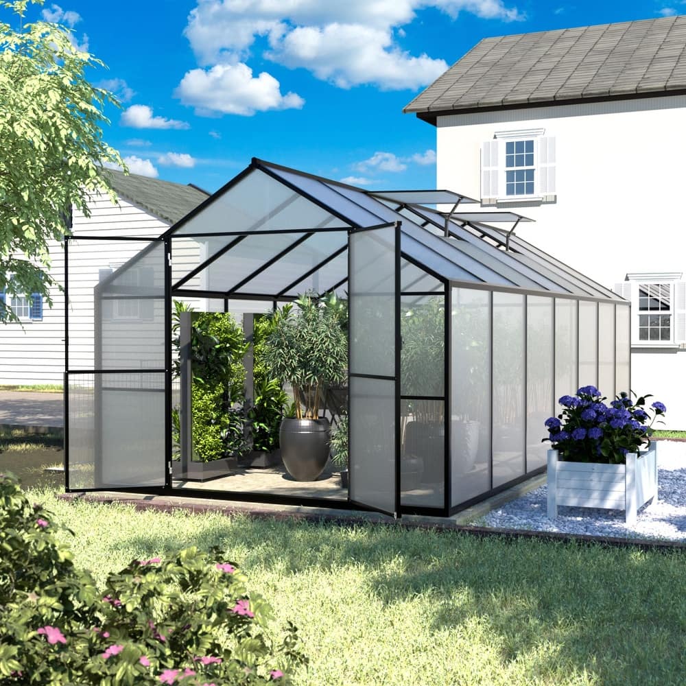 VEIKOUS Aluminum Walk-In Garden Greenhouse Kit with Adjustable Roof Vent and Lockable Door Grey