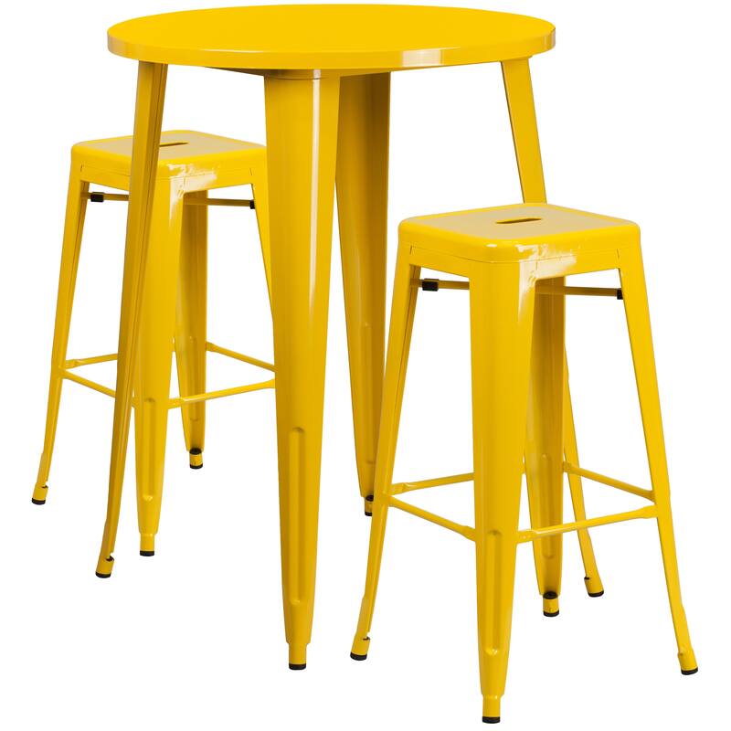 30'' Round Metal Indoor-Outdoor Bar Table Set with 2 Square Seat Backless Stools - 30"W x 30"D x 41"H - 30"W x 30"D x 41"H