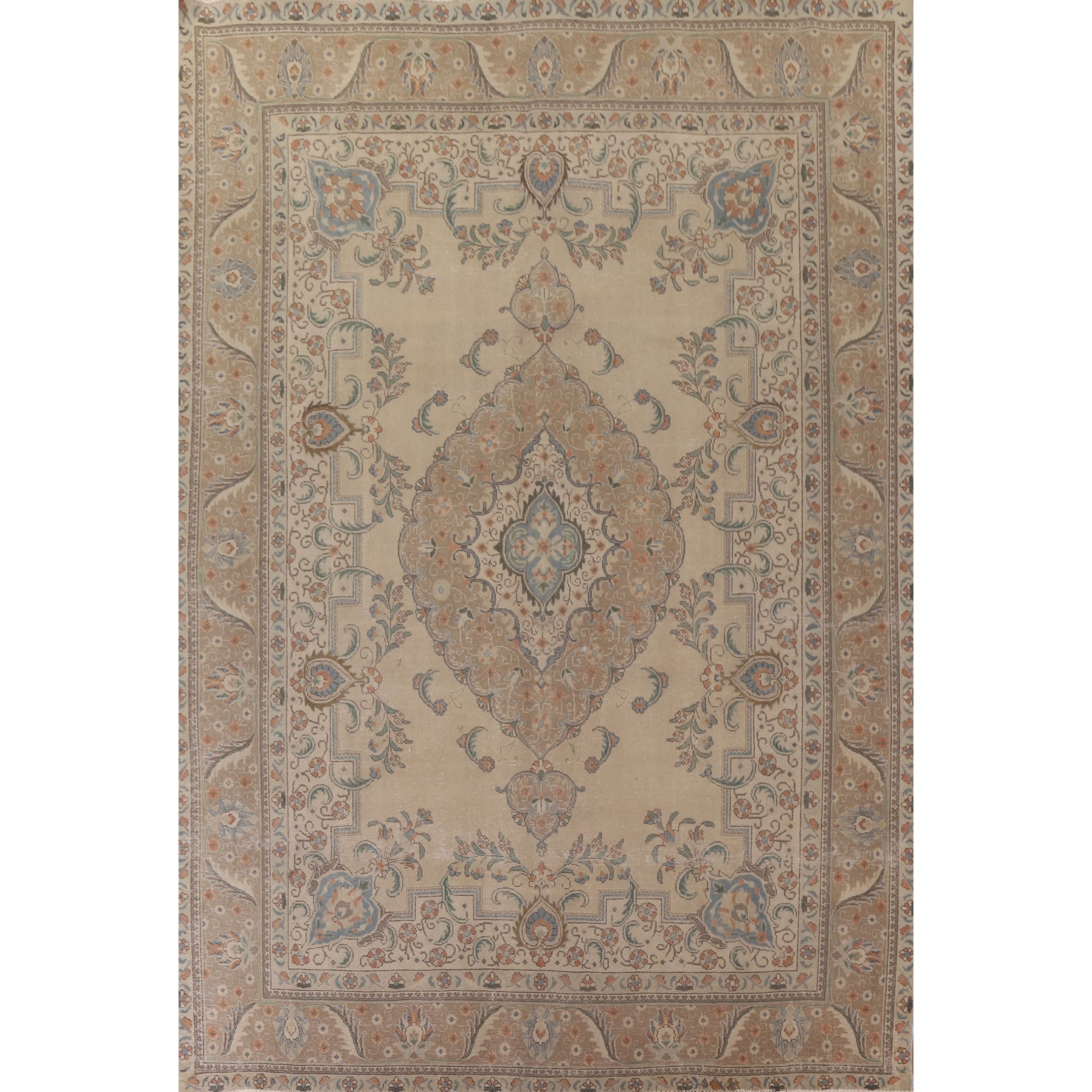 Hand Knotted Oriental 100% Wool Carpet Traditional Medallion Beige & Ivories Tabriz Area Rug - 12' 7'' X 9' 10''