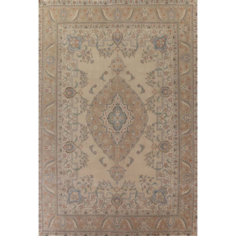 Hand Knotted Oriental 100% Wool Carpet Traditional Medallion Beige & Ivories Tabriz Area Rug - 12' 7'' X 9' 10''