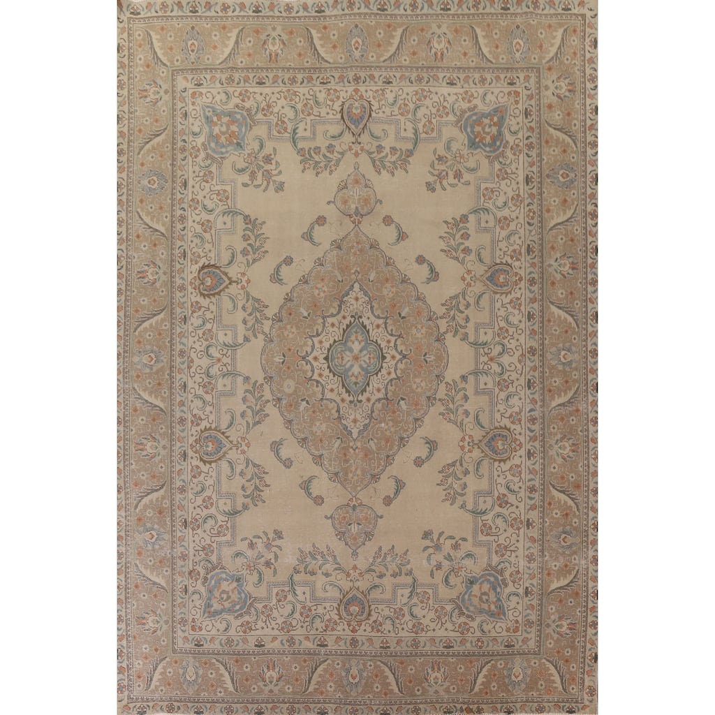 Hand Knotted Oriental 100% Wool Carpet Traditional Medallion Beige & Ivories Tabriz Area Rug - 12' 7'' X 9' 10''