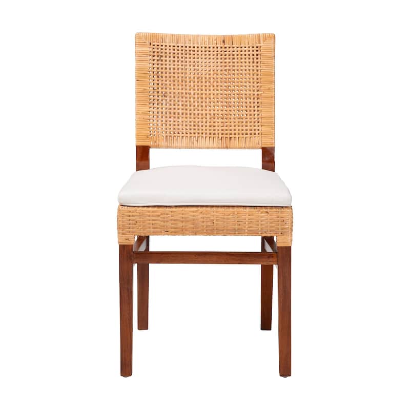 Lesia Natural Rattan Dining Chair with Cushion - Handwoven Wicker Side Chair with Mahogany Wood Frame, Coastal Boho Seating