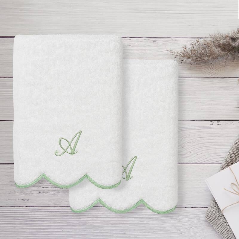 Authentic Hotel and Spa 100% Turkish Cotton Green ADORNIA Scallop Personalized 2 Piece Hand Towel Set - 2 Hand Towels