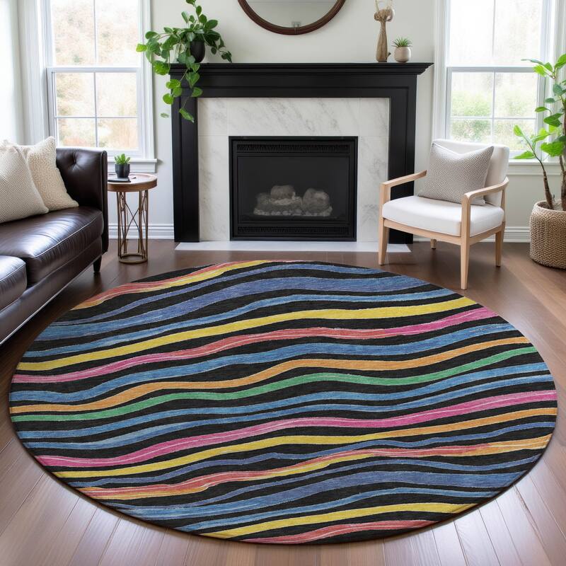 Premium Washable Super Soft Casual Stripes Mayfield Rug - Black - 8' x 8'
