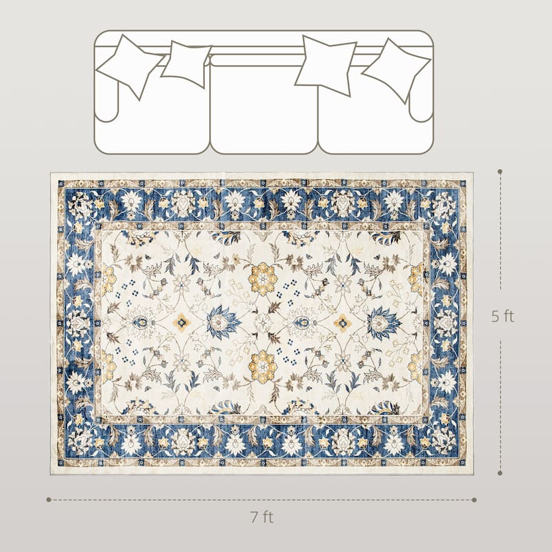 HOMCOM Area Rug 5x7, Machine Washable Rug, Non-Slip Boho Floral Print Floor Cover Foldable Carpet for Living Room - 6' x 7'