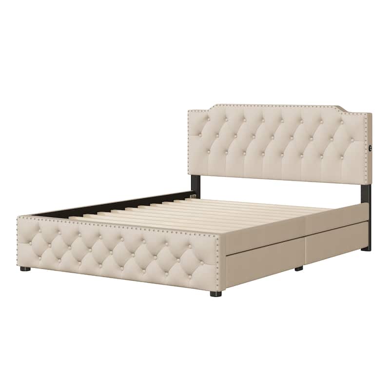 Queen Linen Upholstered Platform Bed with Tufted Headboard, 2 Drawers