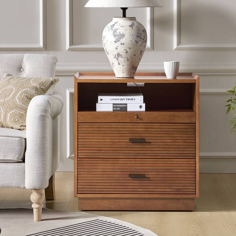 Lorenz Mid-century Modern End Table with Charge Station and LED Light by HULALA HOME - Walnut