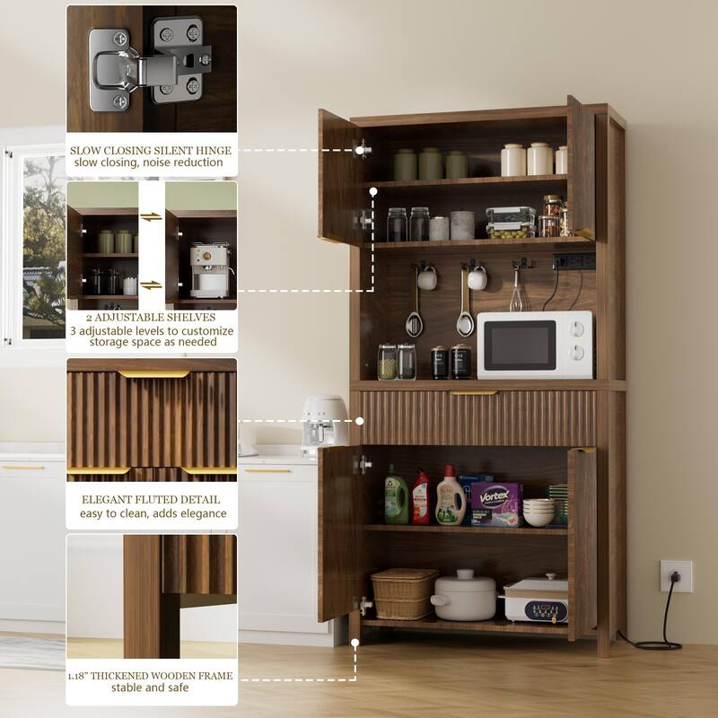 71"Pantry Storage Cabinet with Drawer, Charging Station and Open Countertop for Dining Living Room