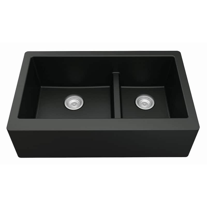 Karran Farmhouse/Apron-Front Quartz Double Bowl Kitchen Sink - Black