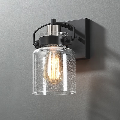 1-Light Black Bathroom Wall sconce with Seeded Glass Shade - 6"W - 5.7 in. W