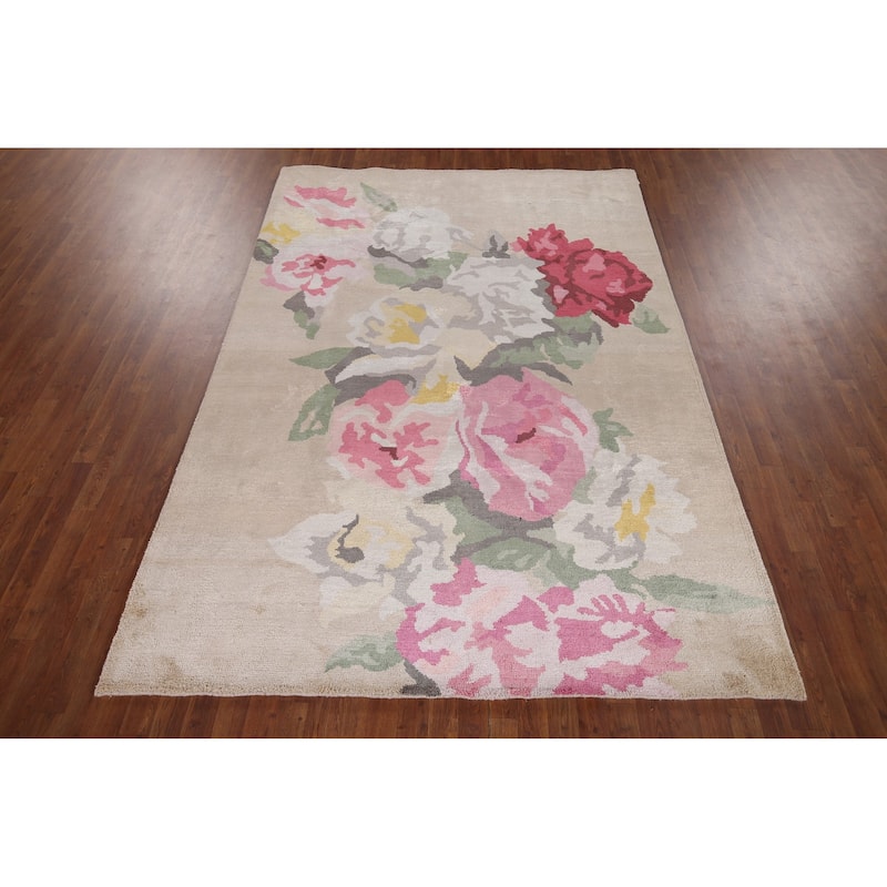 Floral Abstract Indian Area Rug Handmade Wool & Silk Carpet - 6'7"x 9'10"