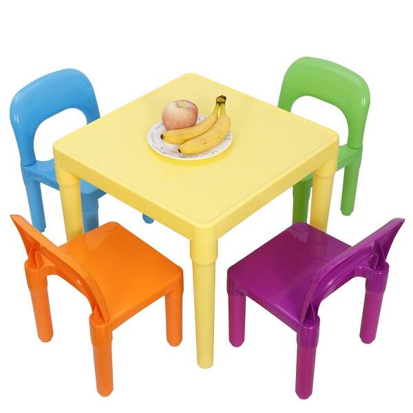 slide 2 of 7, Kids Activity Table and Chair Plastic 4 Set Yellow Table Primary Chairs Multi